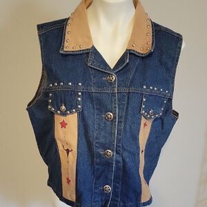 Studded Western Denim Vest with Tan Accents& Appliqaues. Size XL